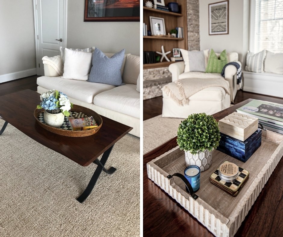 before and after of a wood live edge coffee table styled with a weathered wood serving tray and books, candle, plants, and decorative boxes, styling bookcases ideas