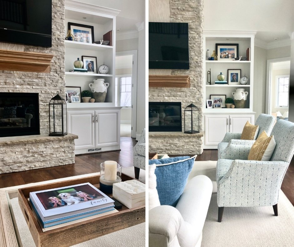 styling bookcases and shelves in a two story living room 