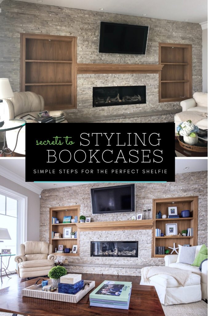 a before and after of a family room bookcases , styling bookcases, bookcase decor ideas, pretty family room fireplace ideas