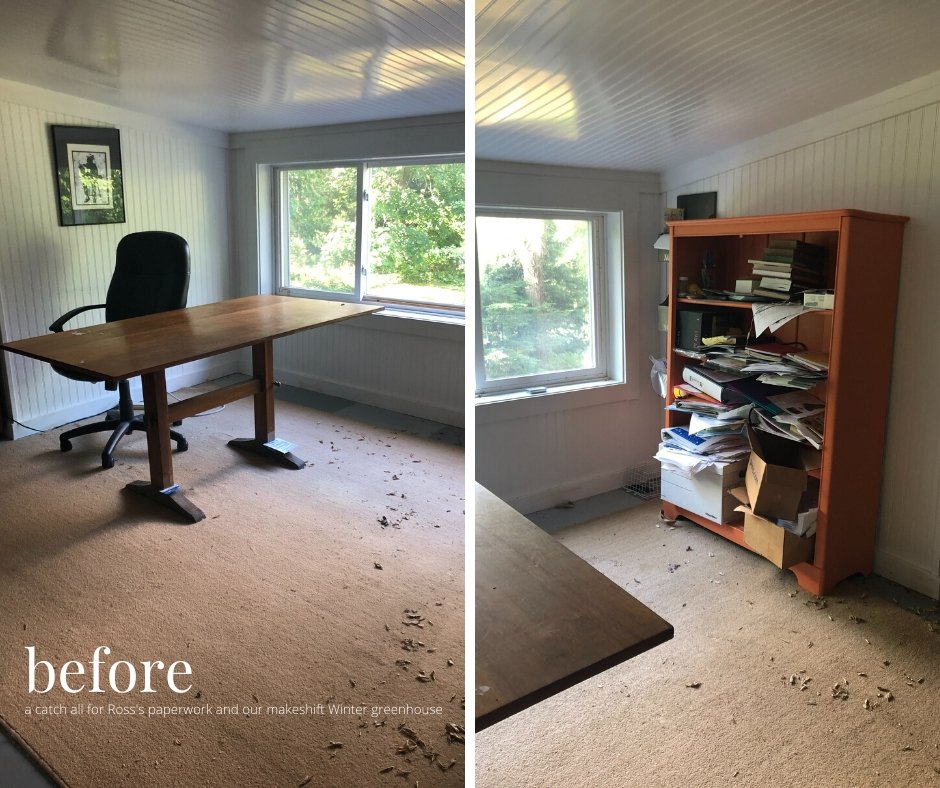 before picture of an attic home office with a wood desk and dirty rug