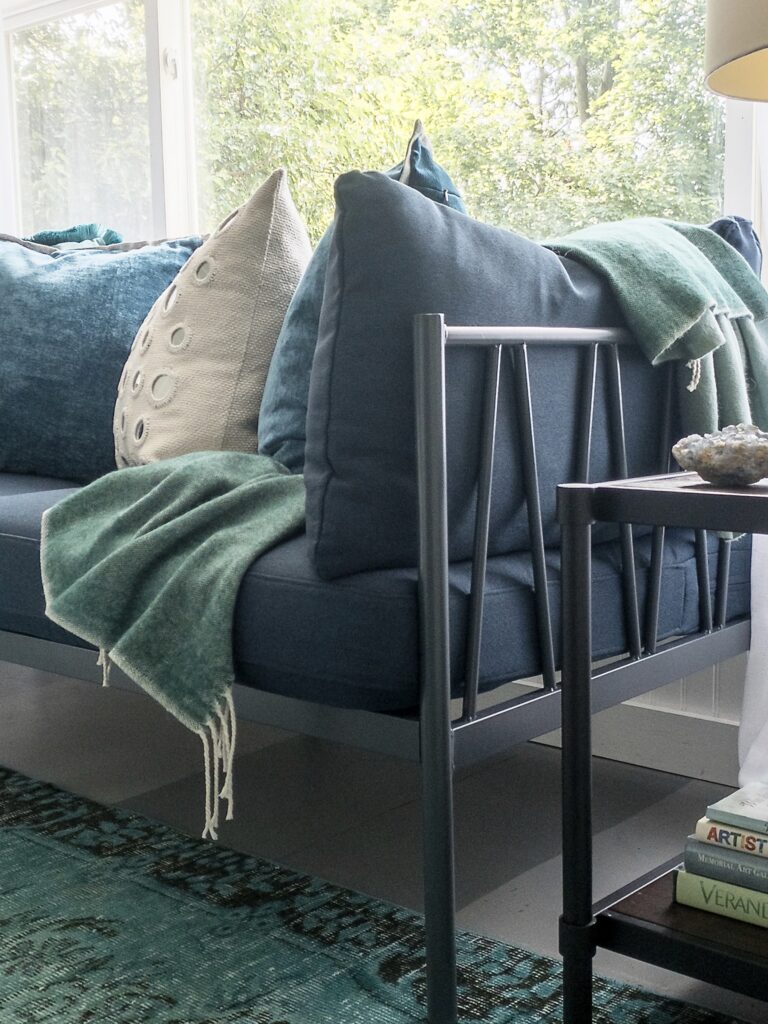 affordable industrial modern daybed with navy blue performance fabric. 