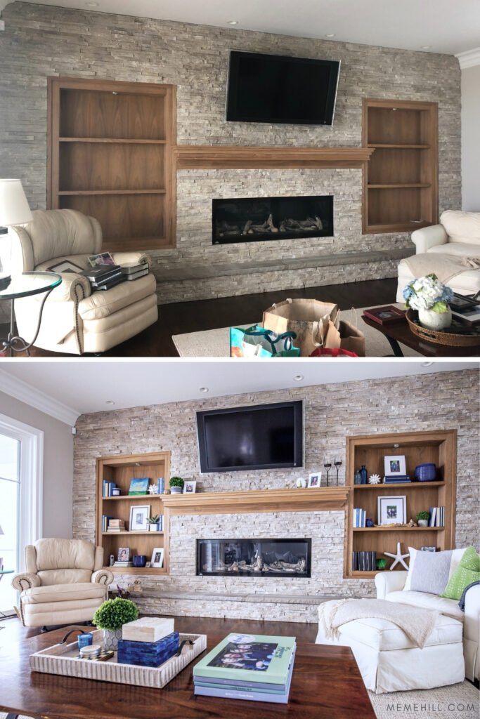 stacked stone fireplace, wood shelves< wood mantel, styling bookcases, narrow shelves