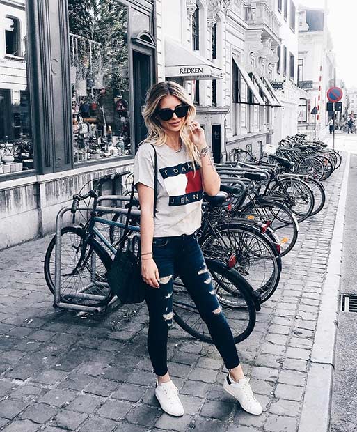 Gray T Shirt Ripped Jeans Casual Outfit Idea